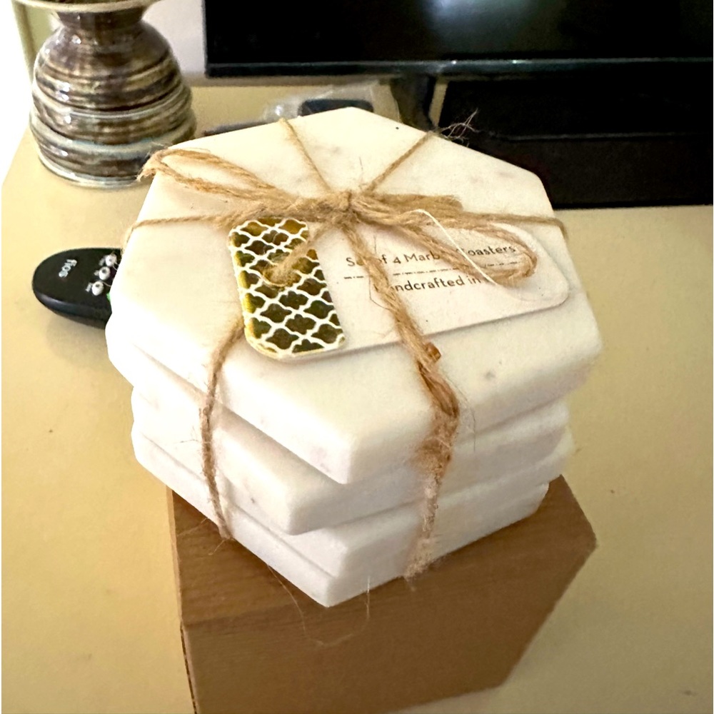 Boutique Gorgeous Artisan Real Marble Handmade Hexagon Coasters Set of 4
